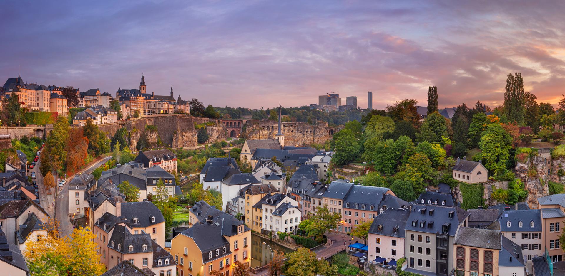 Panoramic cityscape image of old town Luxembourg City, Luxembourg.