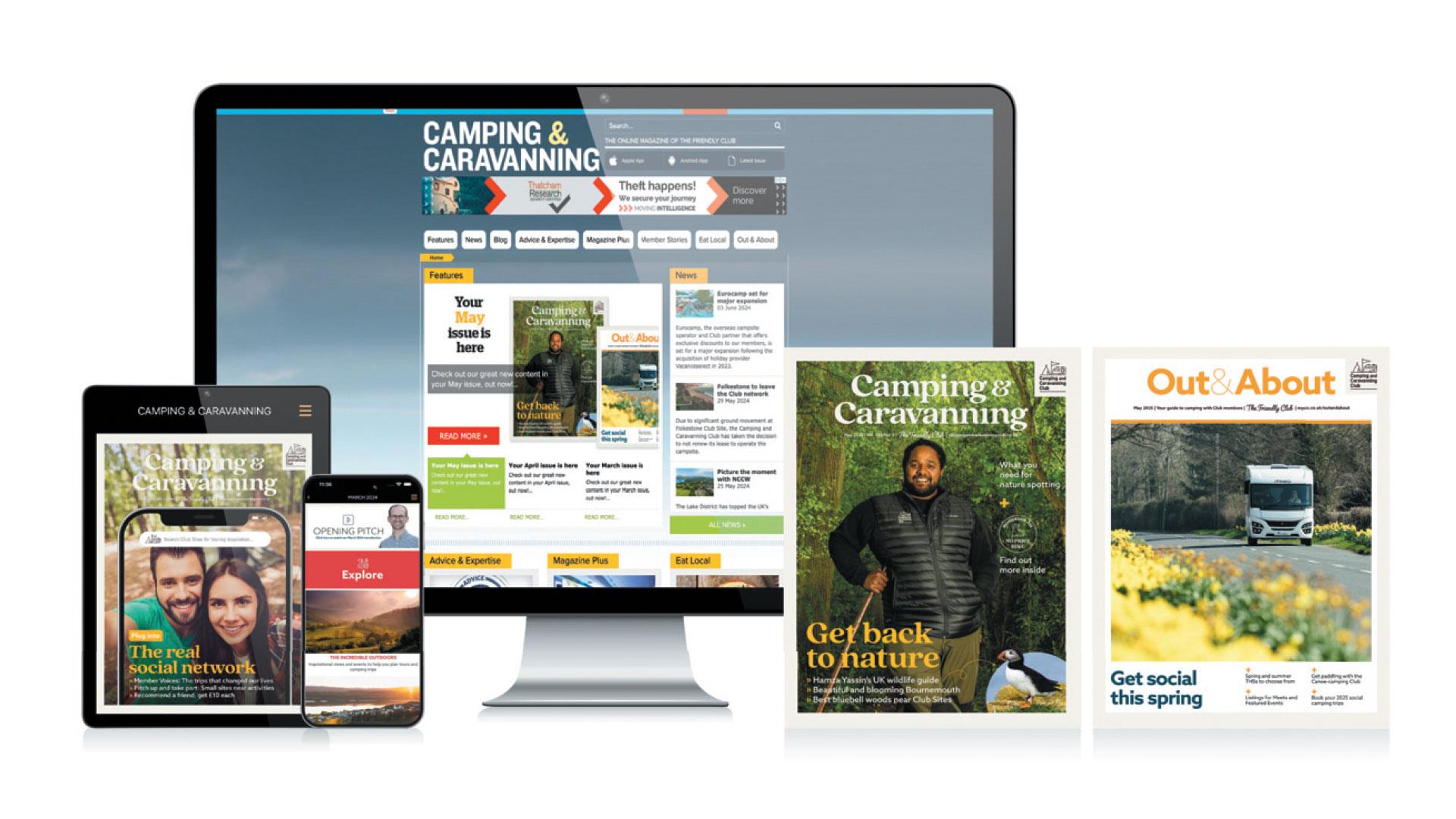 Device screens displaying editions of the Camping and Caravanning Club publications