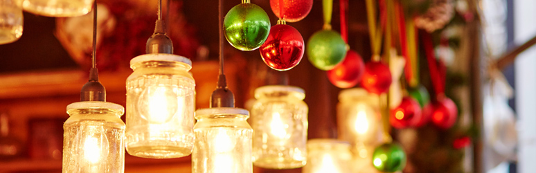 Christmas lanterns and red and green baubles