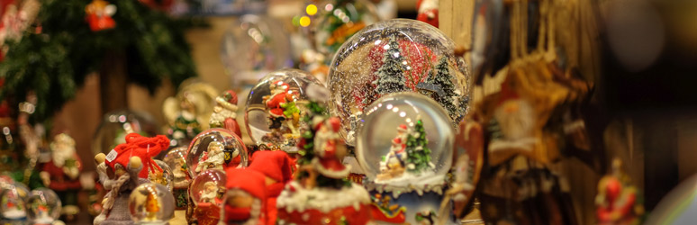 Snow globes and ornaments on Leeds Christmas market stall