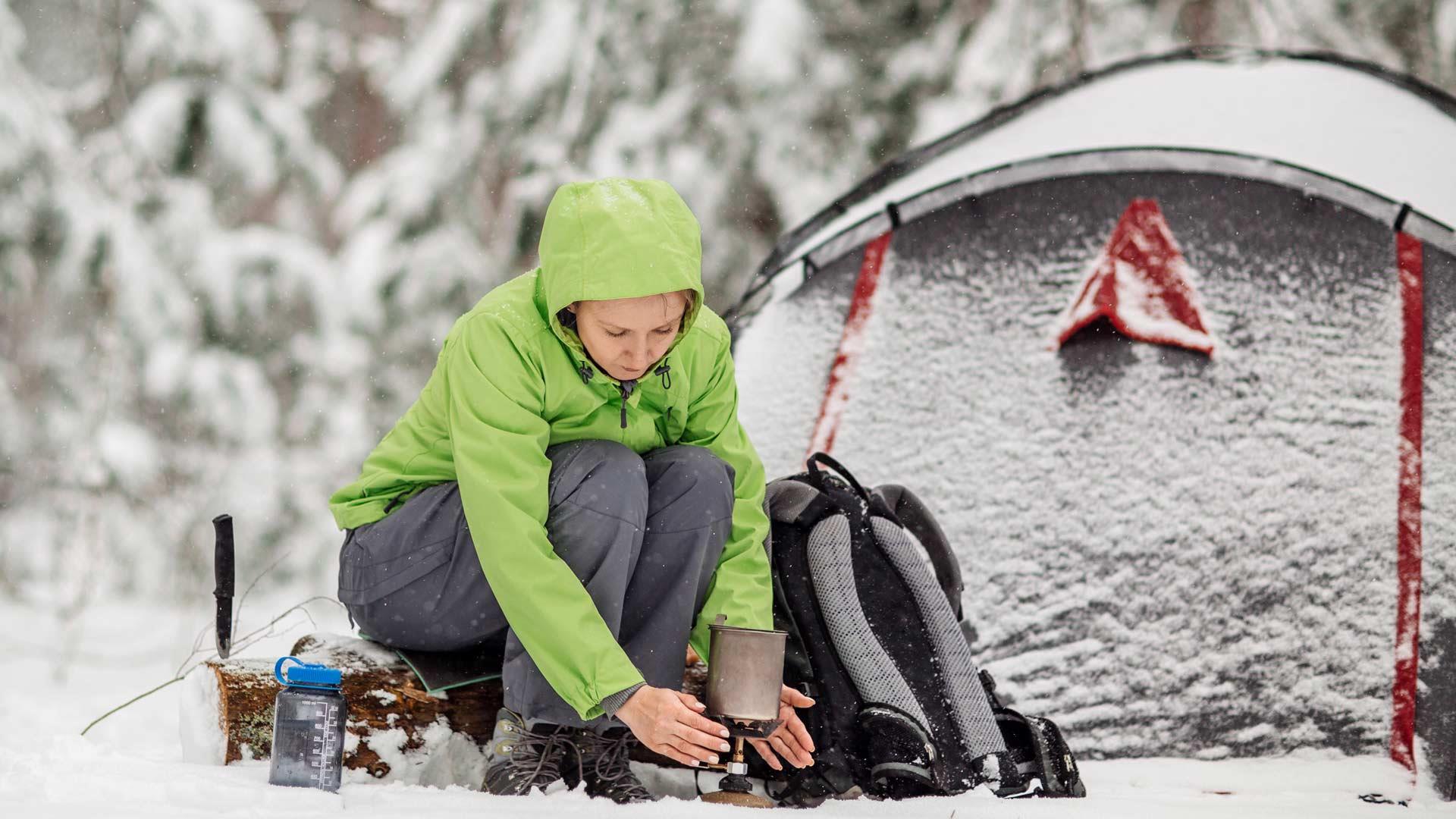 Tent camping in snow