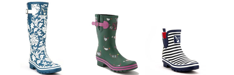 three wellies in a row of different shapes and designs