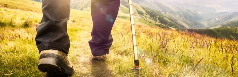 hiker's boots and walking stick