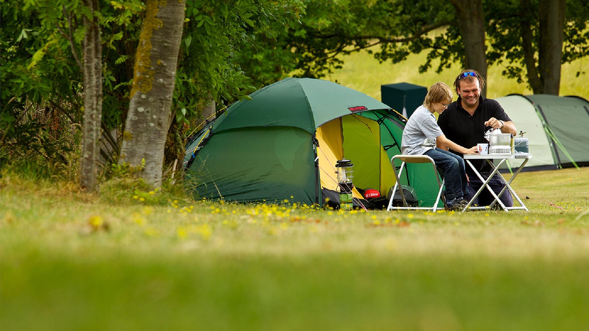 Campers cooking on a gas stove