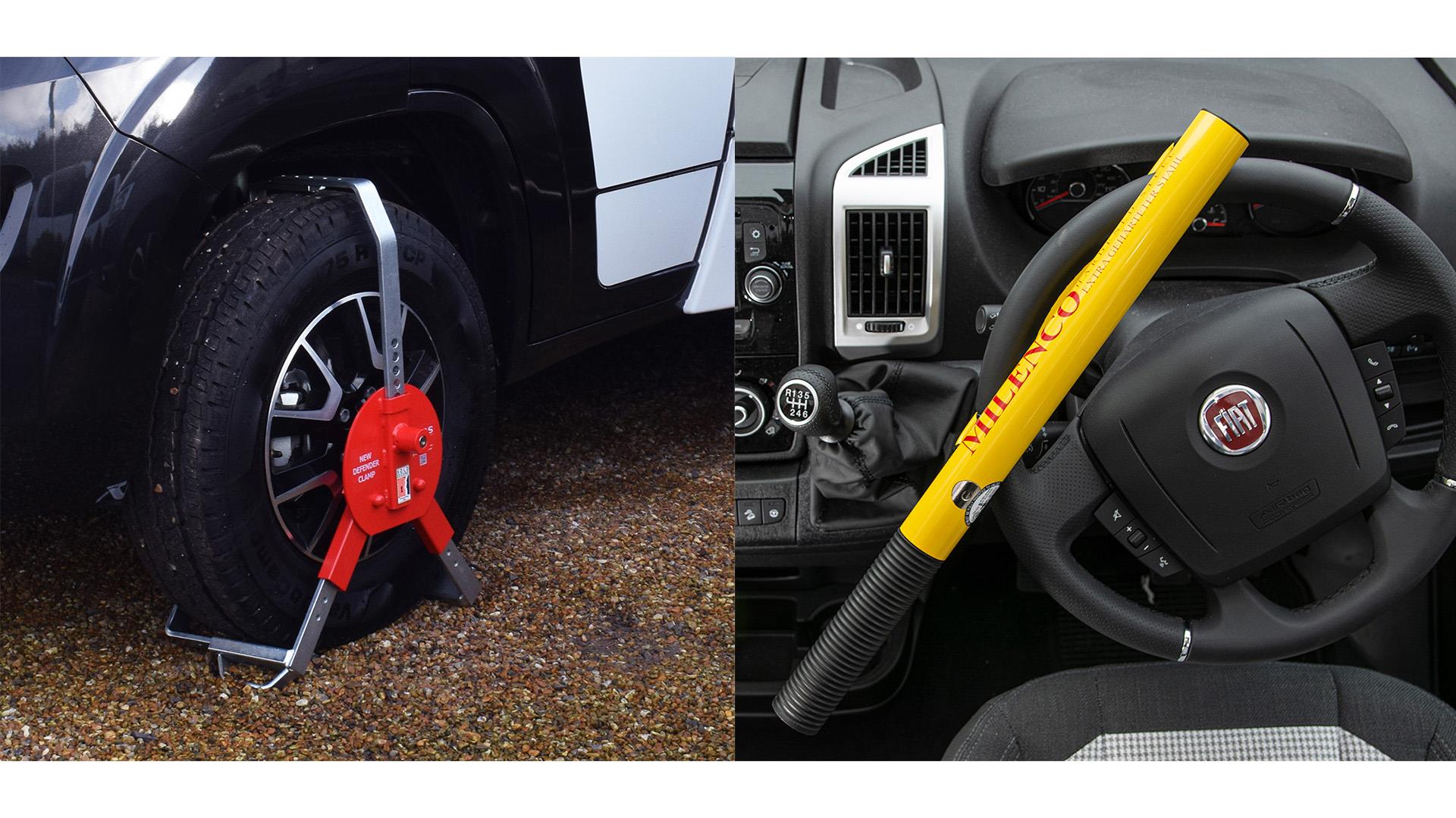 A wheel clamp and steering wheel lock approved by Sold Secure.