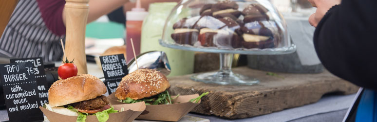 Burgers and cakes on sale at vegan festival