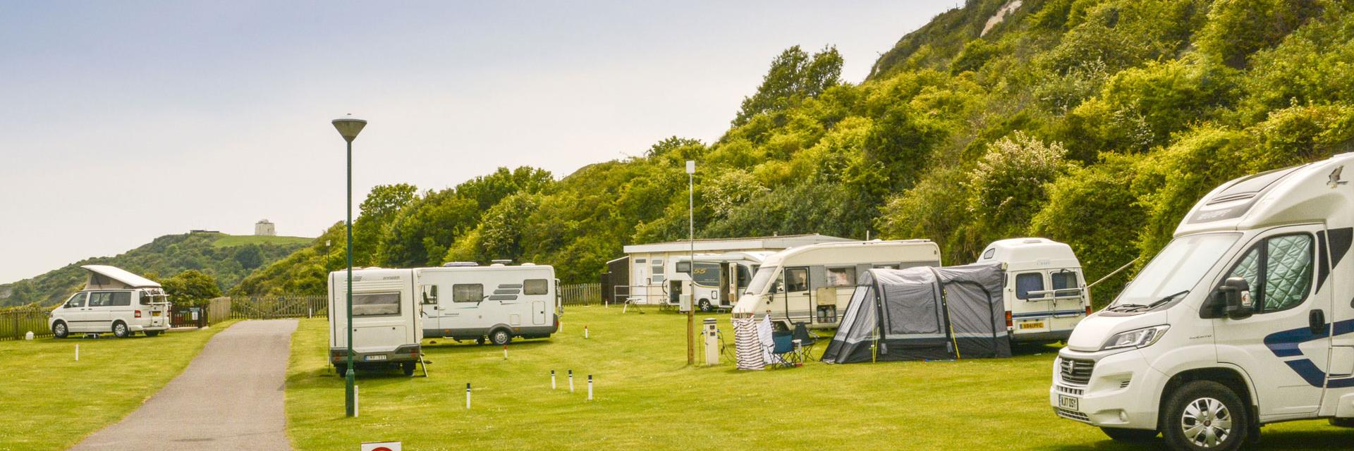 Motorhomes and caravans at Folkestone Club Site