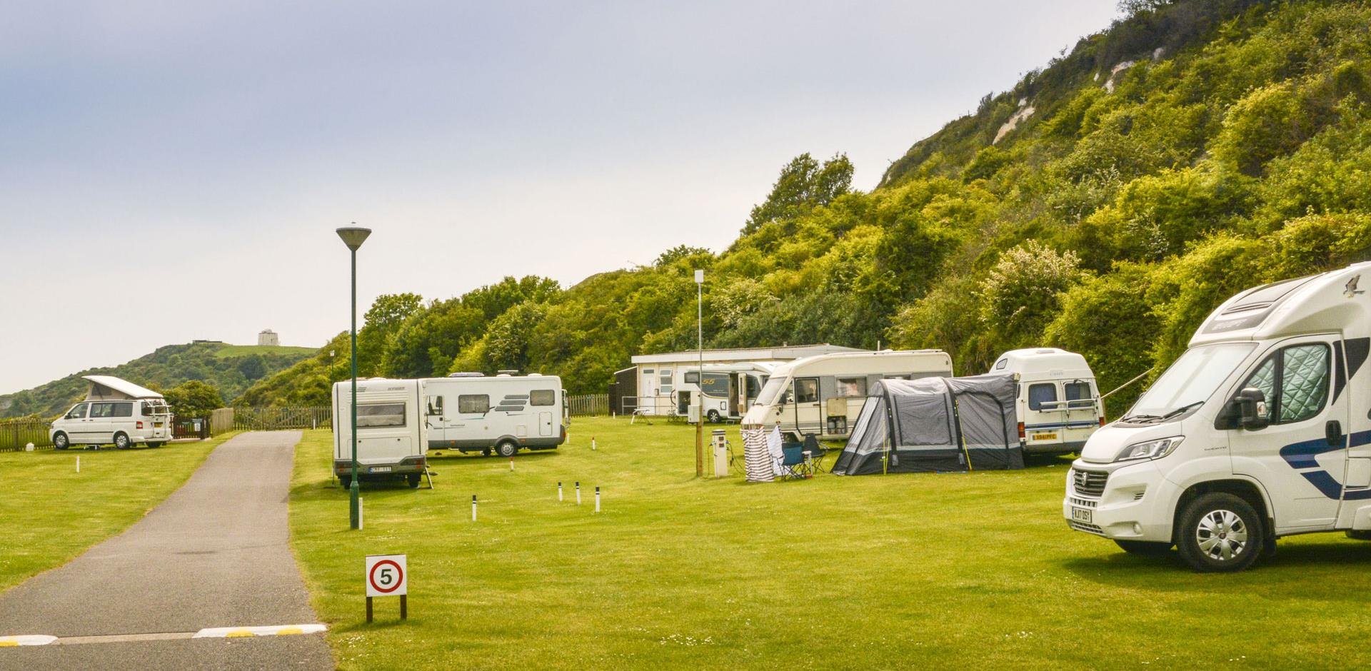 Motorhomes and caravans at Folkestone Club Site