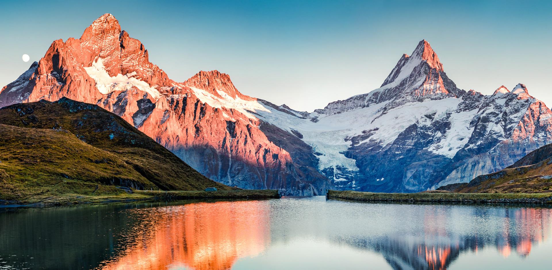 Panorama of Bachalp Lake, Bachalpsee, Switzerland. 