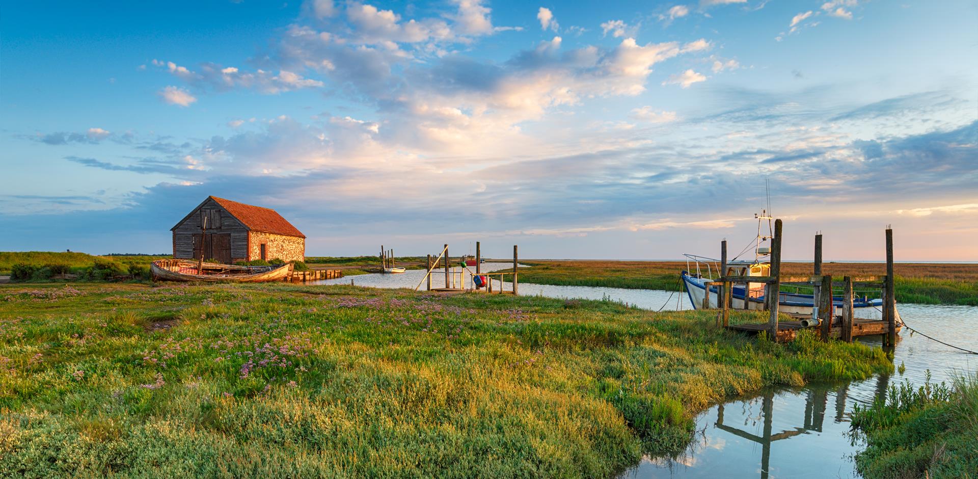 Picturesque old harbour and salt marshes at Thornham, Norfolk.