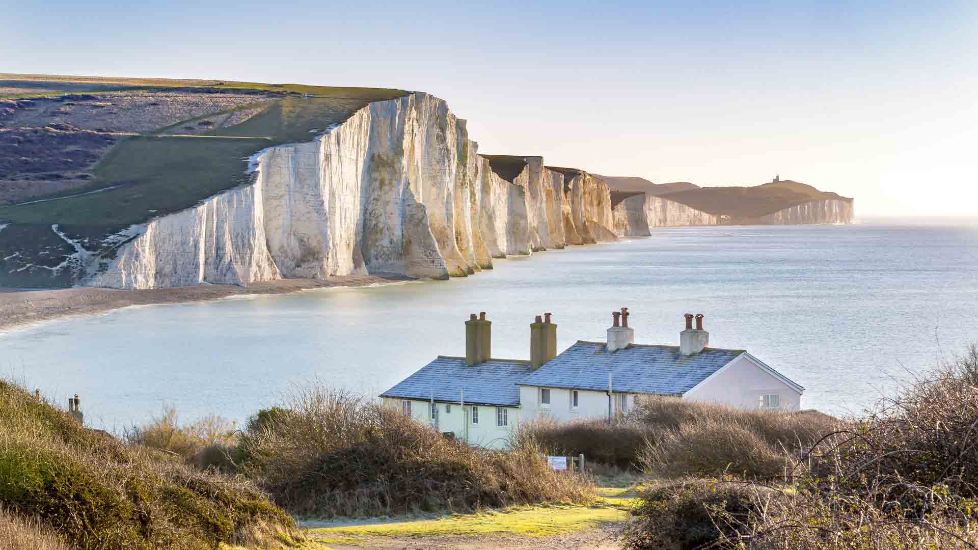 Seaview of the Severn Sisters chalk cliffs in south downs during the daytime