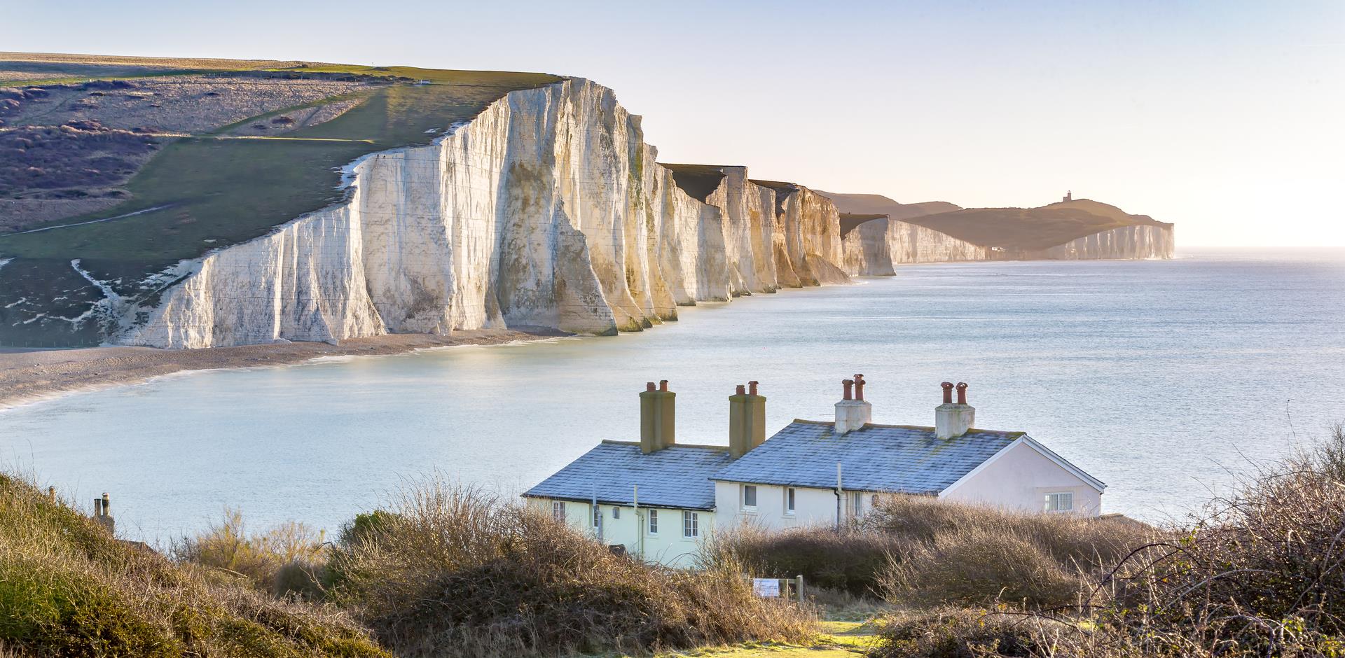 Seaview of the Severn Sisters chalk cliffs in south downs during the daytime