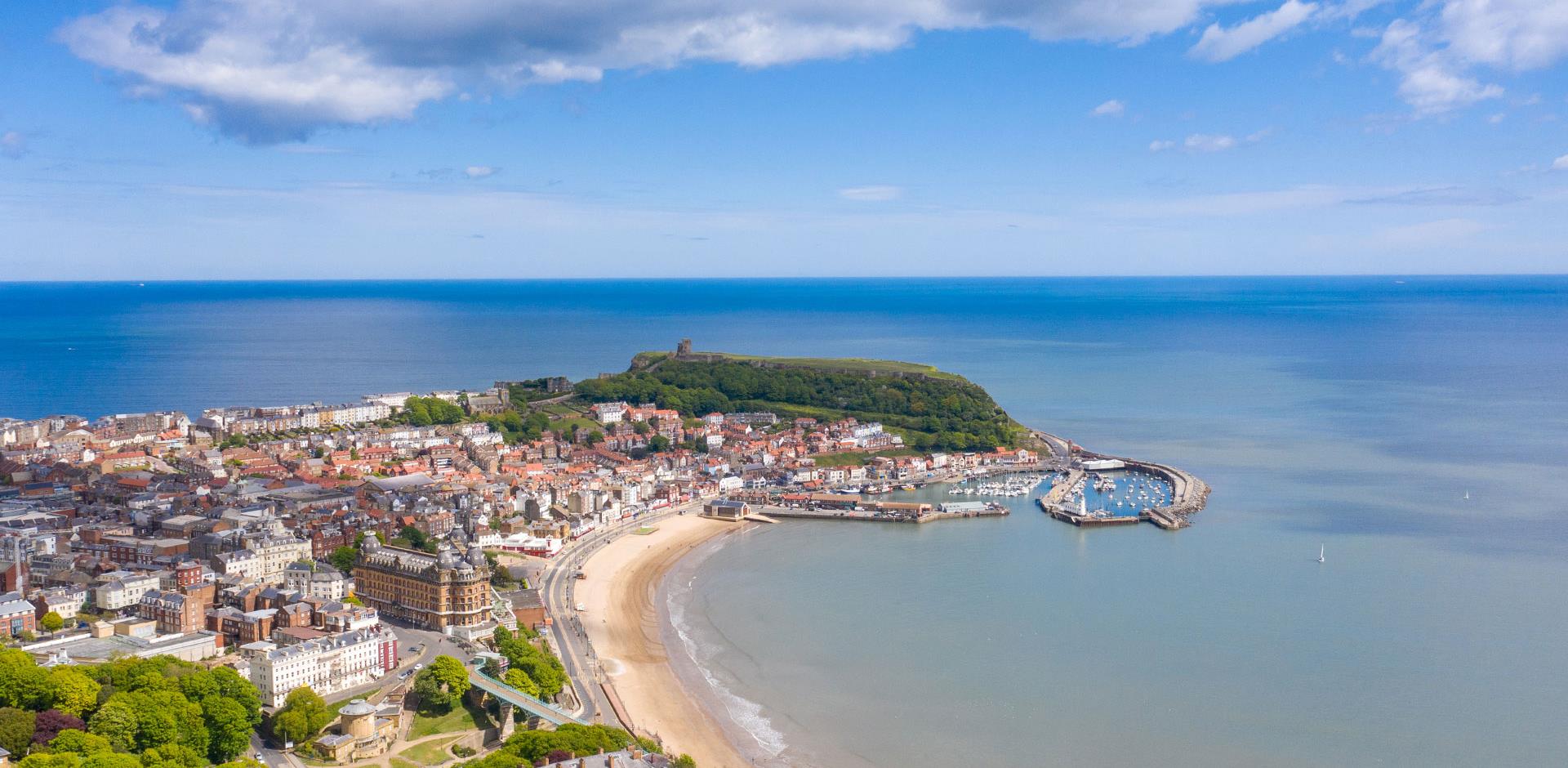 Aerial photo of the town centre of Scarborough and beach in East Yorkshire