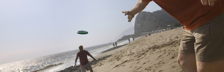 Men playing a game of frisbee on the beach