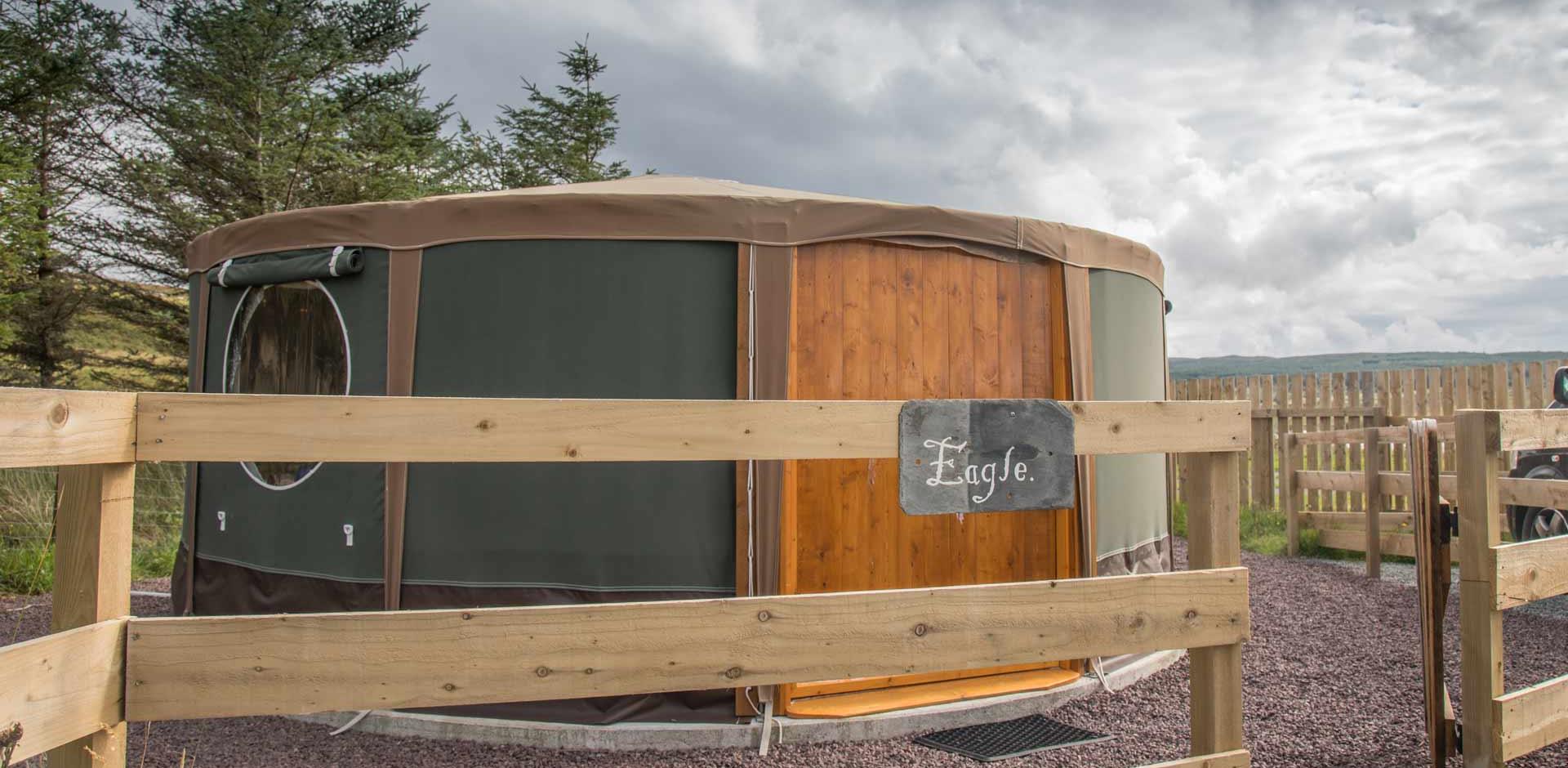 Outside of camping yurt on Skye Campsite