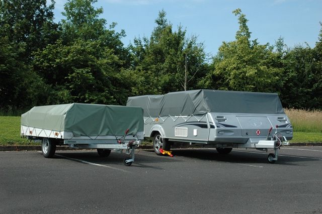 A trailer tent (left) can be significantly smaller and lighter than a folding camper (right)