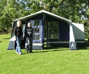 A trailer tent with awning