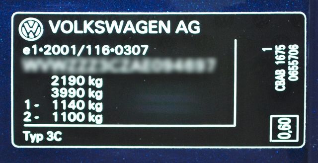 Vehicle Identification Number (VIN) Sticker showing GVM/MAM is 2190Kg, next is GTW at 3990kg and the two numbers below refer to individual limits for each axle